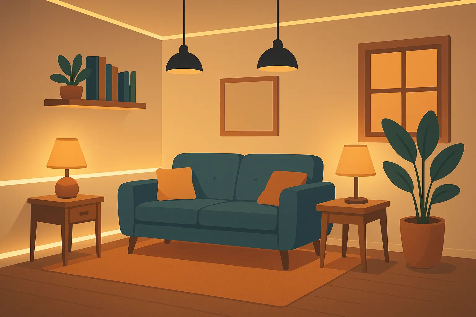 Layered lighting setup in small living room