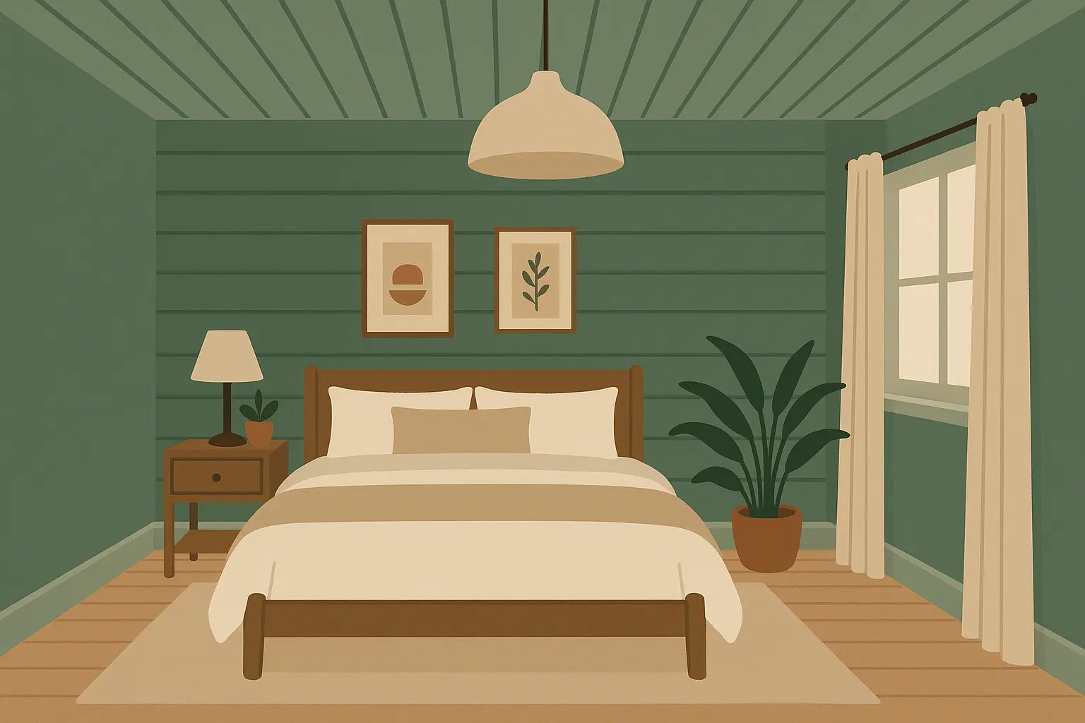 Painted sage green shiplap ceiling in cozy bedroom setting
