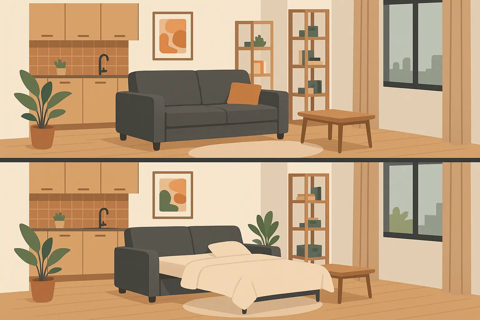 Sofa bed combination in studio apartment