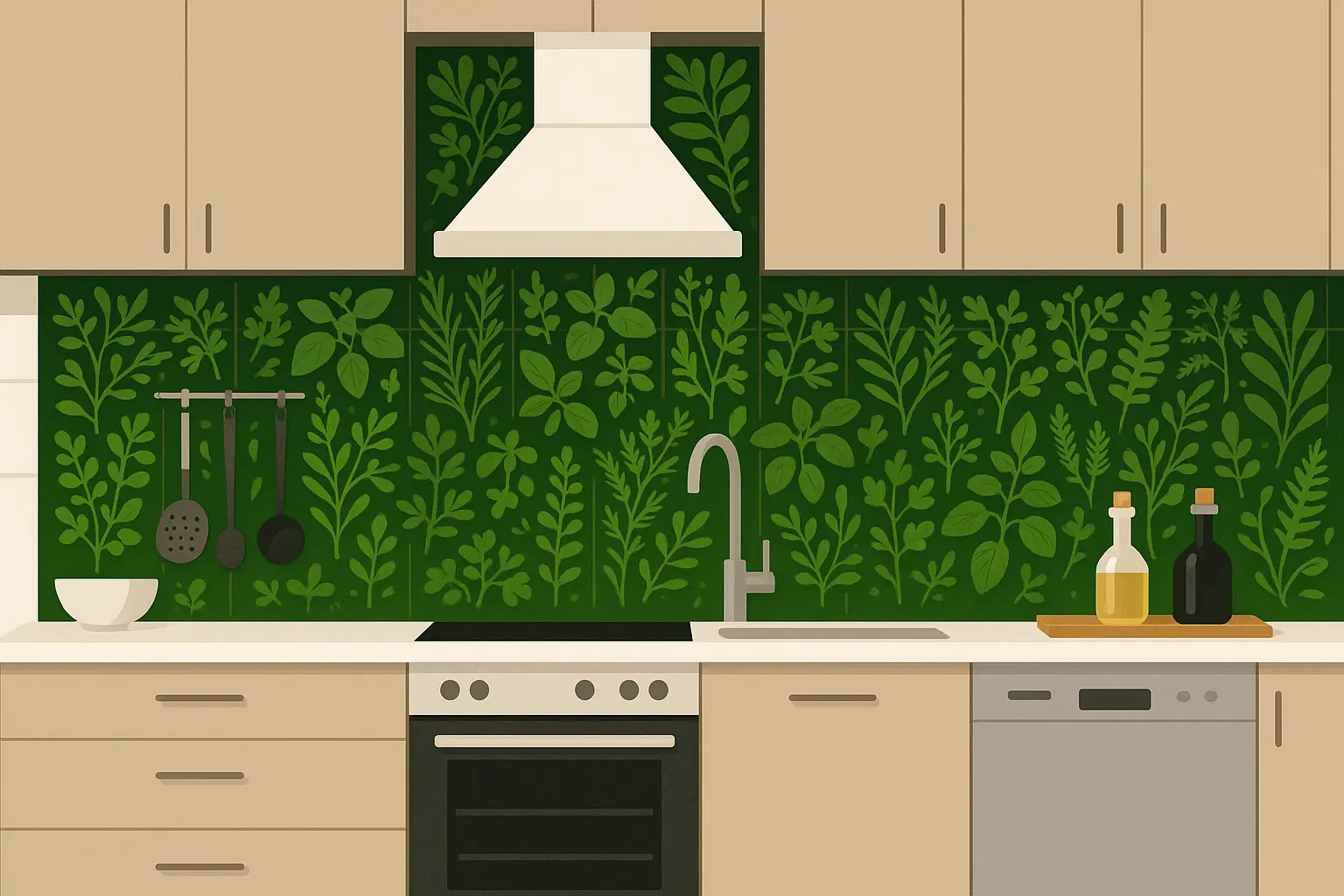 Living plant wall backsplash with herbs and greenery