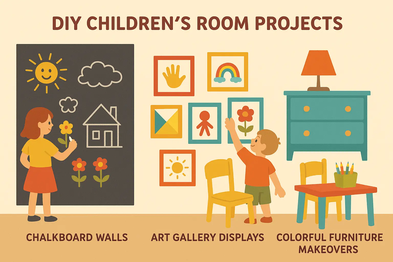 Creative DIY projects for kids rooms including art displays