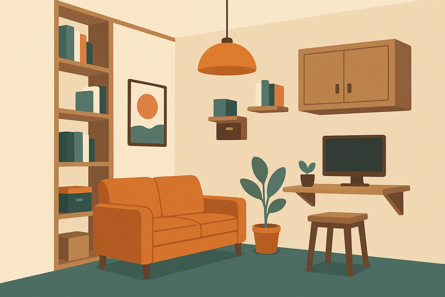 Small living room with vertical storage solutions