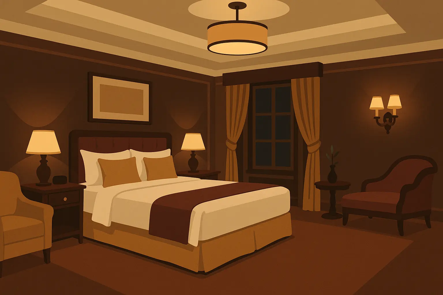 Luxury hotel-style basement bedroom with premium bedding and elegant furniture