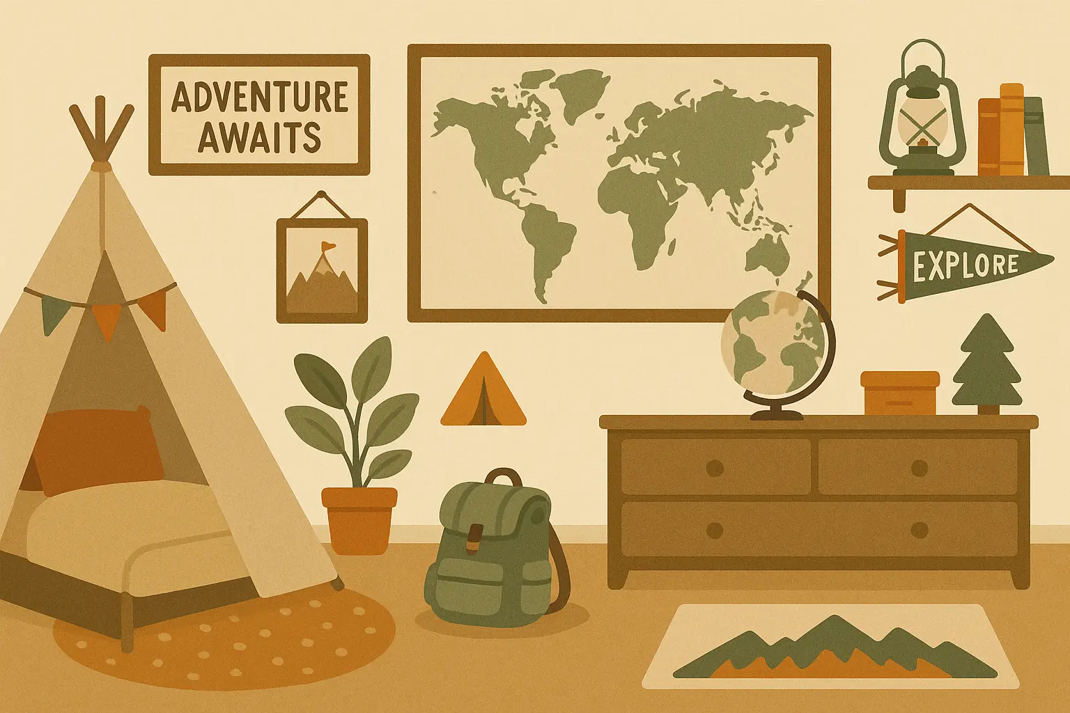 Adventure explorer themed kids room with camping elements and world map