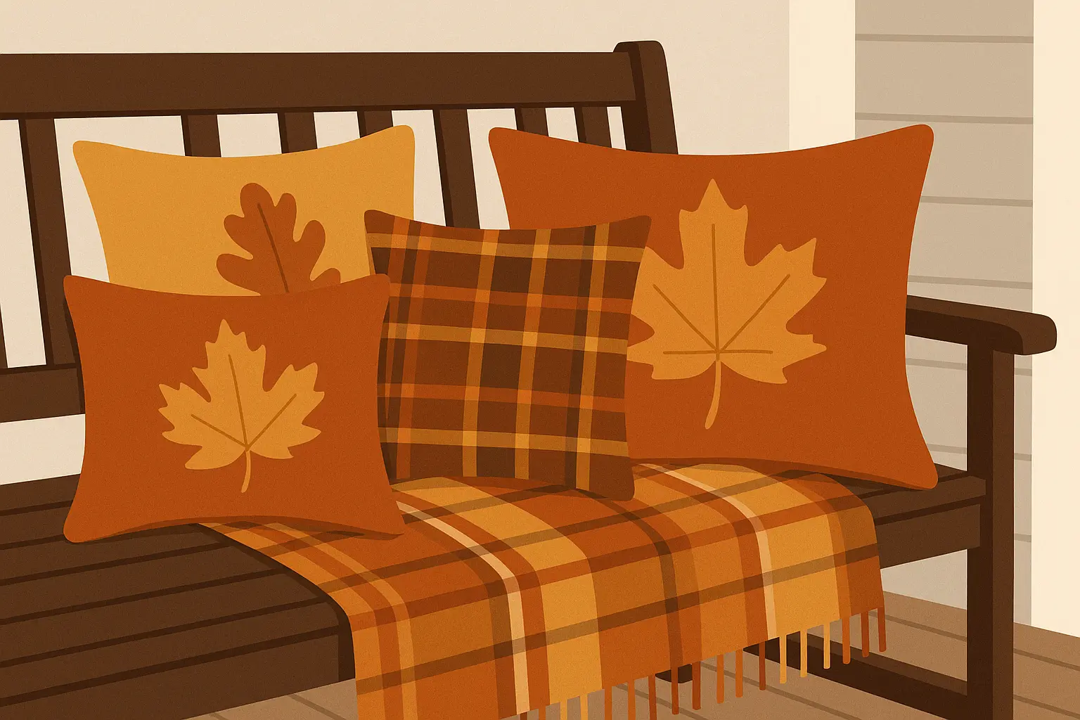Seasonal fall pillows arranged on porch furniture with autumn patterns and colors