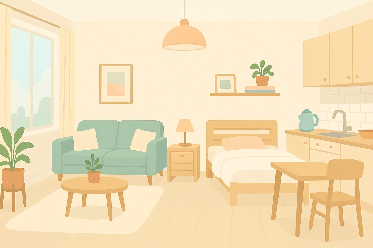 Light color palette in studio apartment