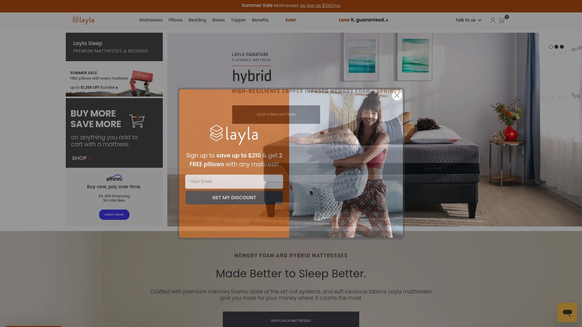 Layla Sleep website showcasing the dual-sided hybrid mattress with copper-infused memory foam