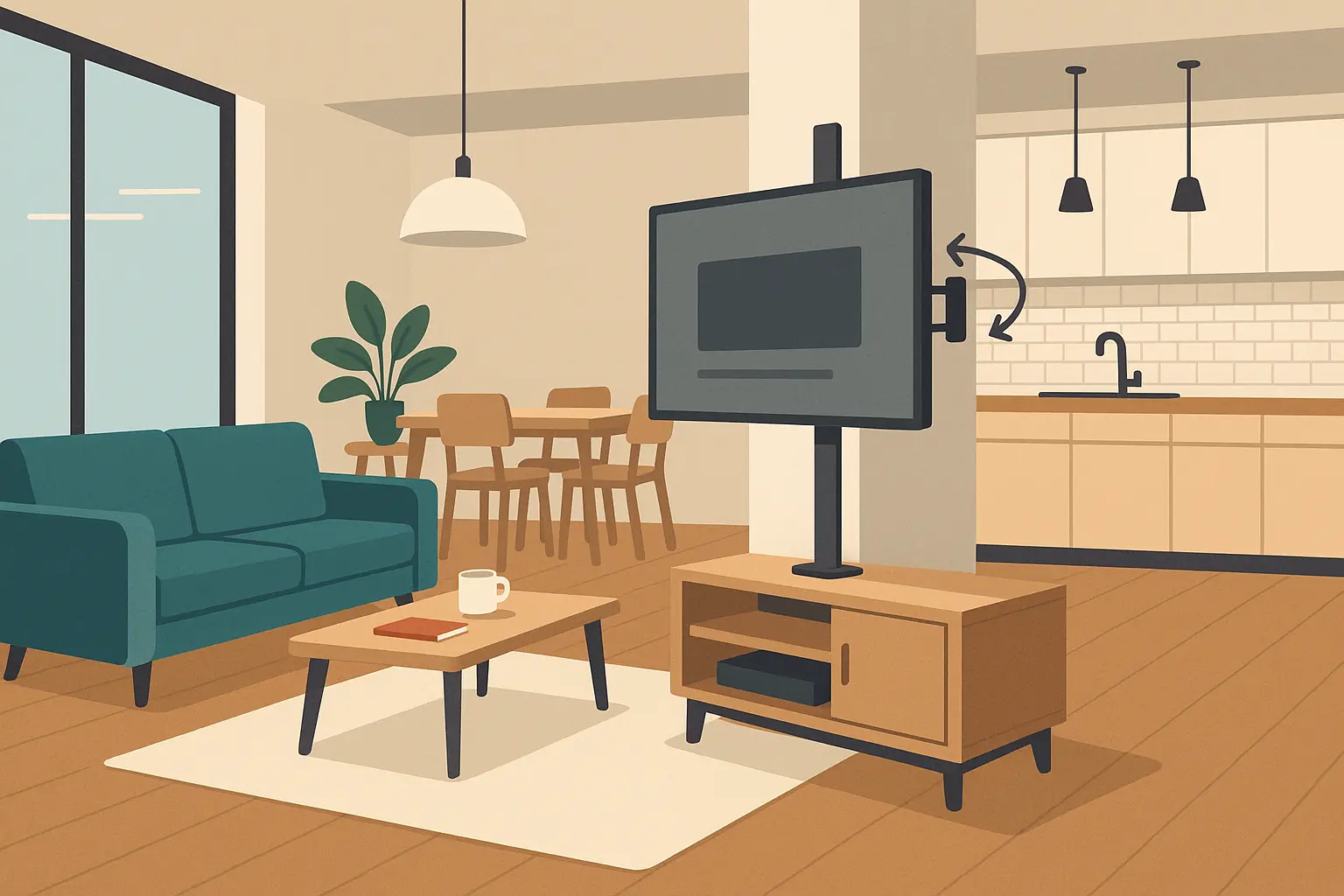 Rotating TV mount system in modern living space