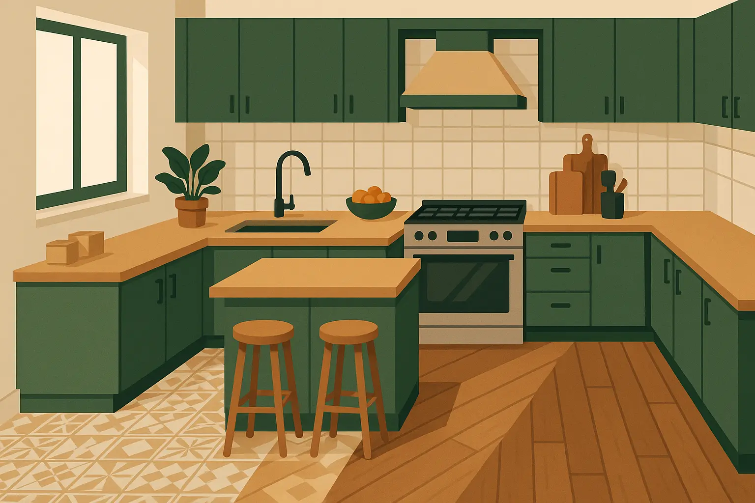 Mixed material flooring transition in modern kitchen
