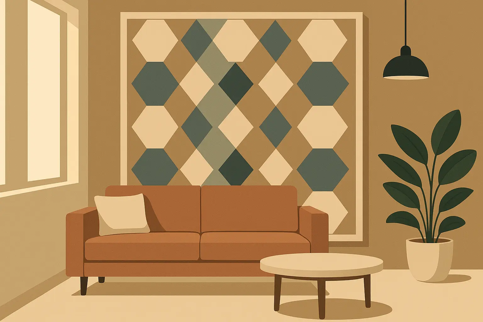 Modern geometric half wall paneling with hexagonal pattern