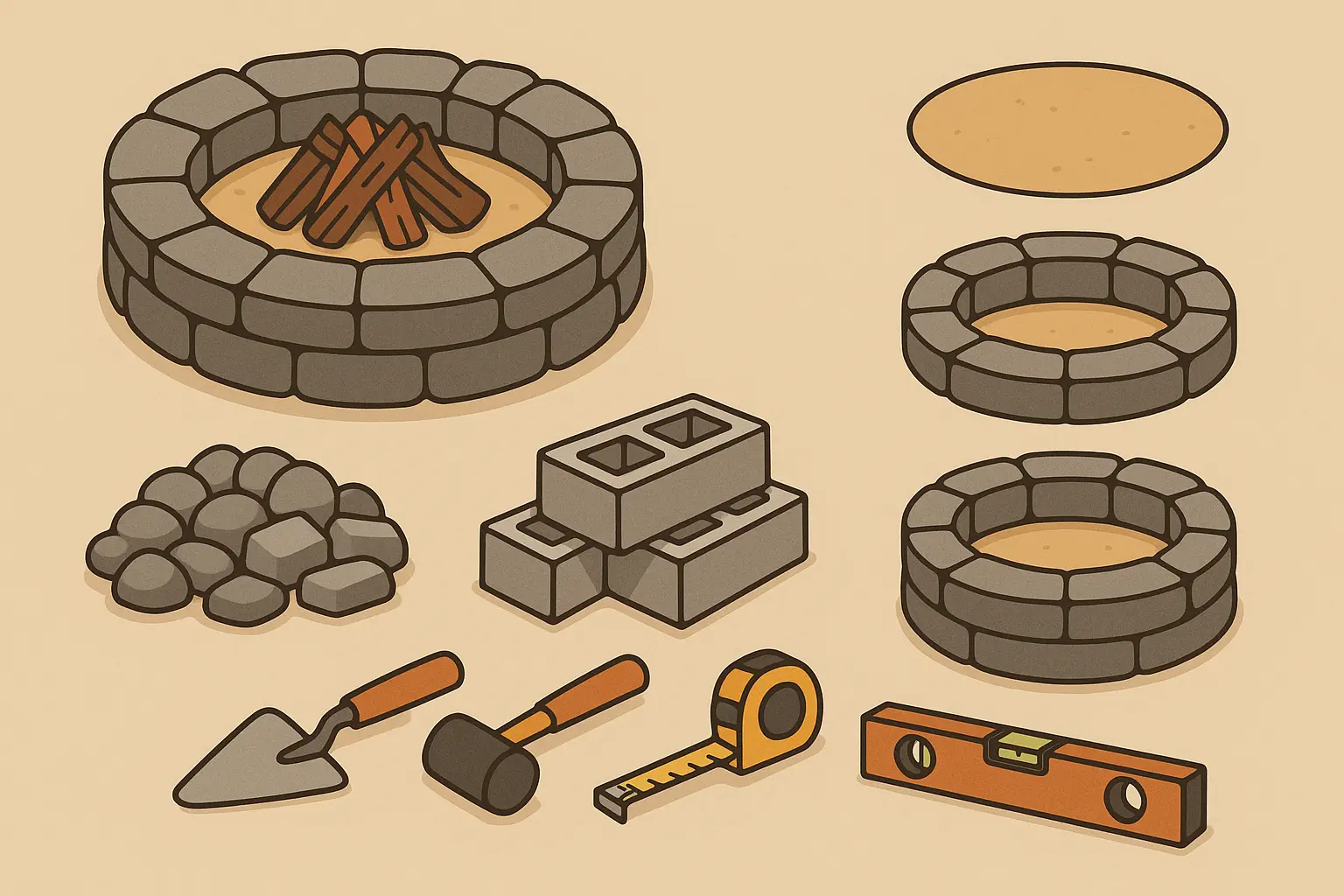 DIY fire pit construction materials and tools