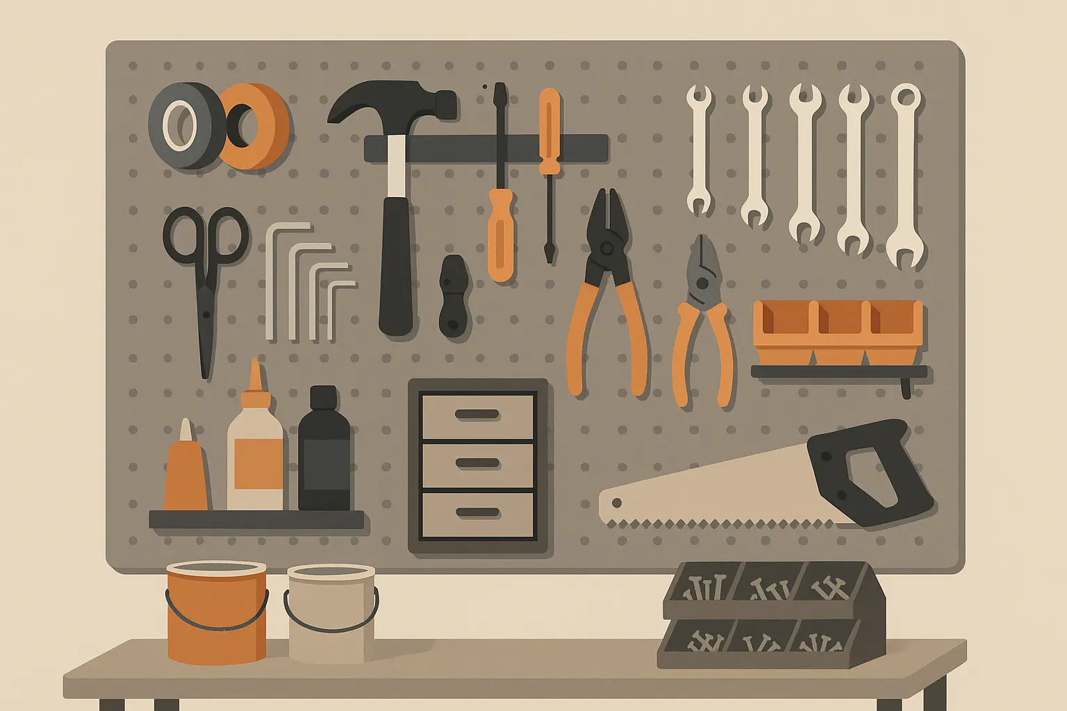 Pegboard organization wall with various tools and supplies neatly arranged