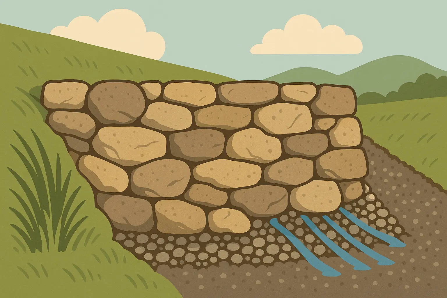 Natural stone retaining wall showcasing fieldstone construction with integrated landscaping