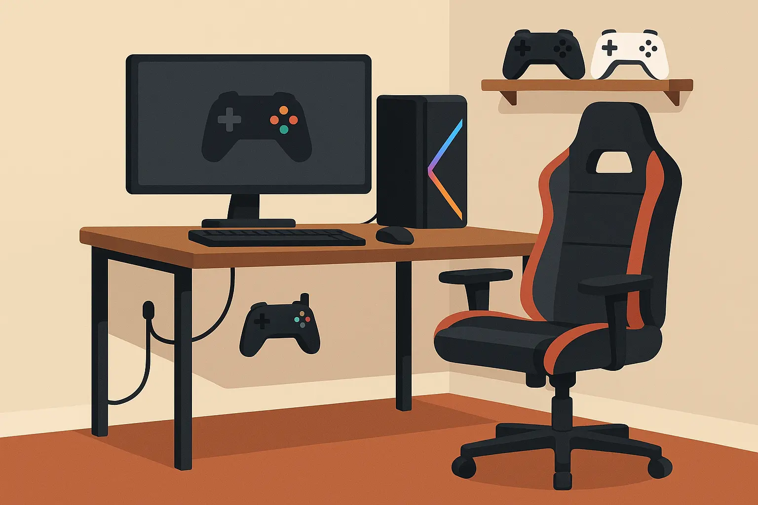 Gaming setup with organized cable management and comfortable seating