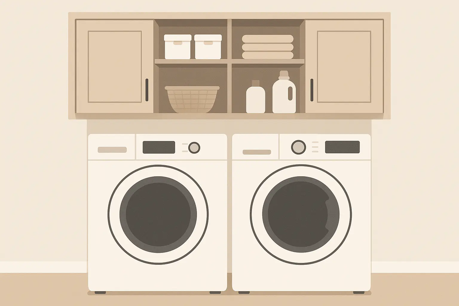 Side-by-side appliances with overhead bridge cabinet