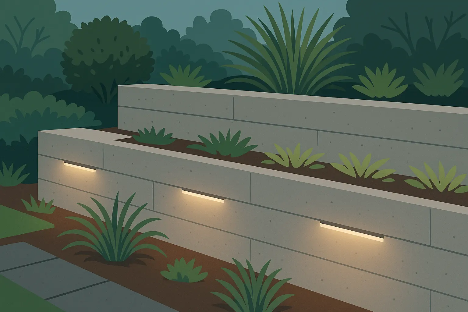 Modern concrete retaining wall with sleek finish and integrated lighting