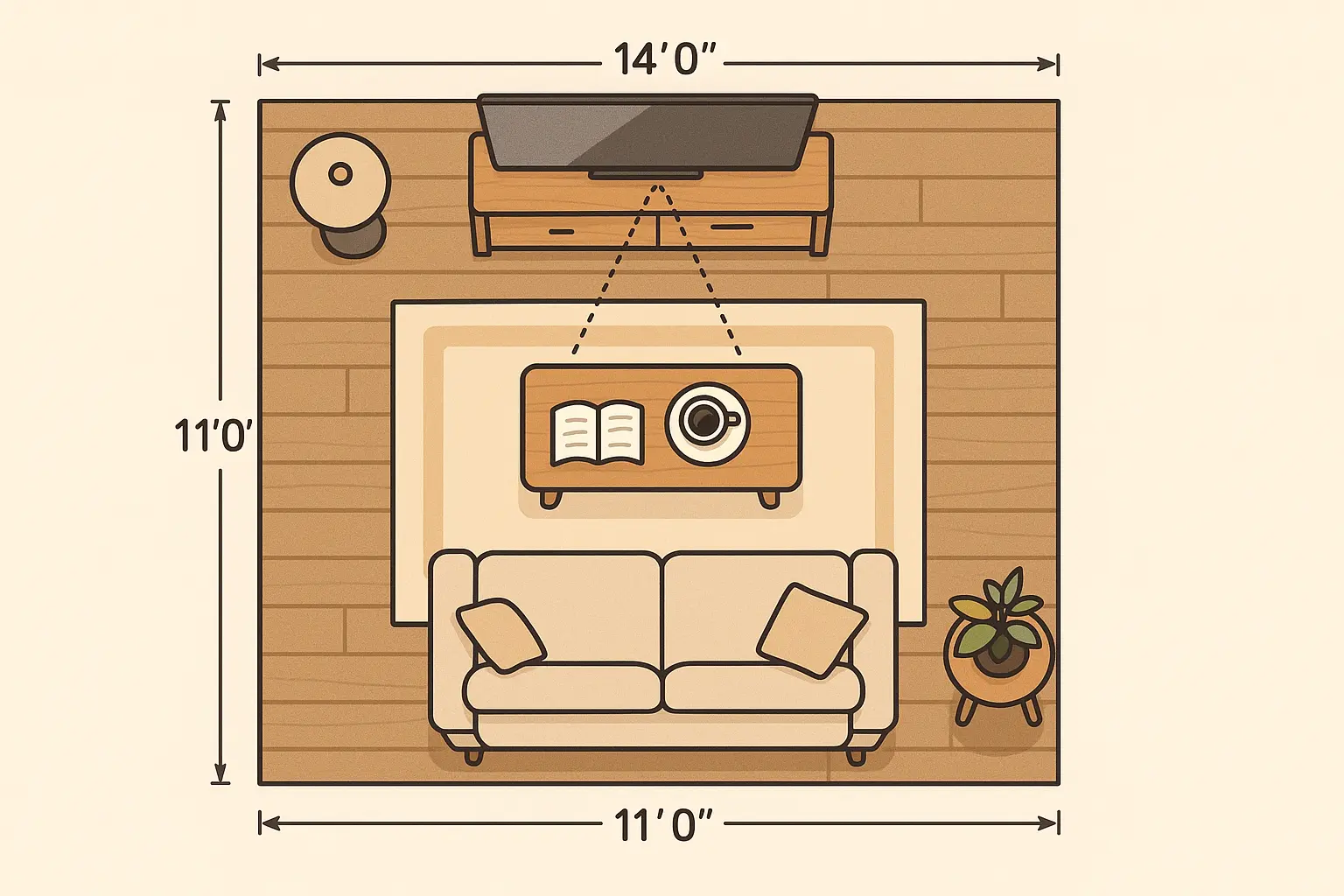 Modern small living room with mounted TV and minimalist furniture