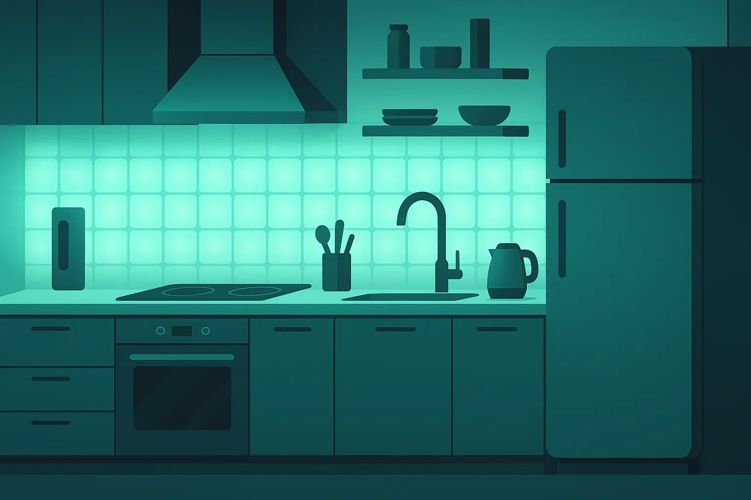 LED-integrated tile backsplash with dramatic lighting effects