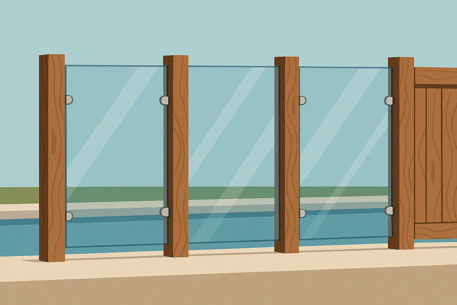 Hybrid glass and wood pool fence