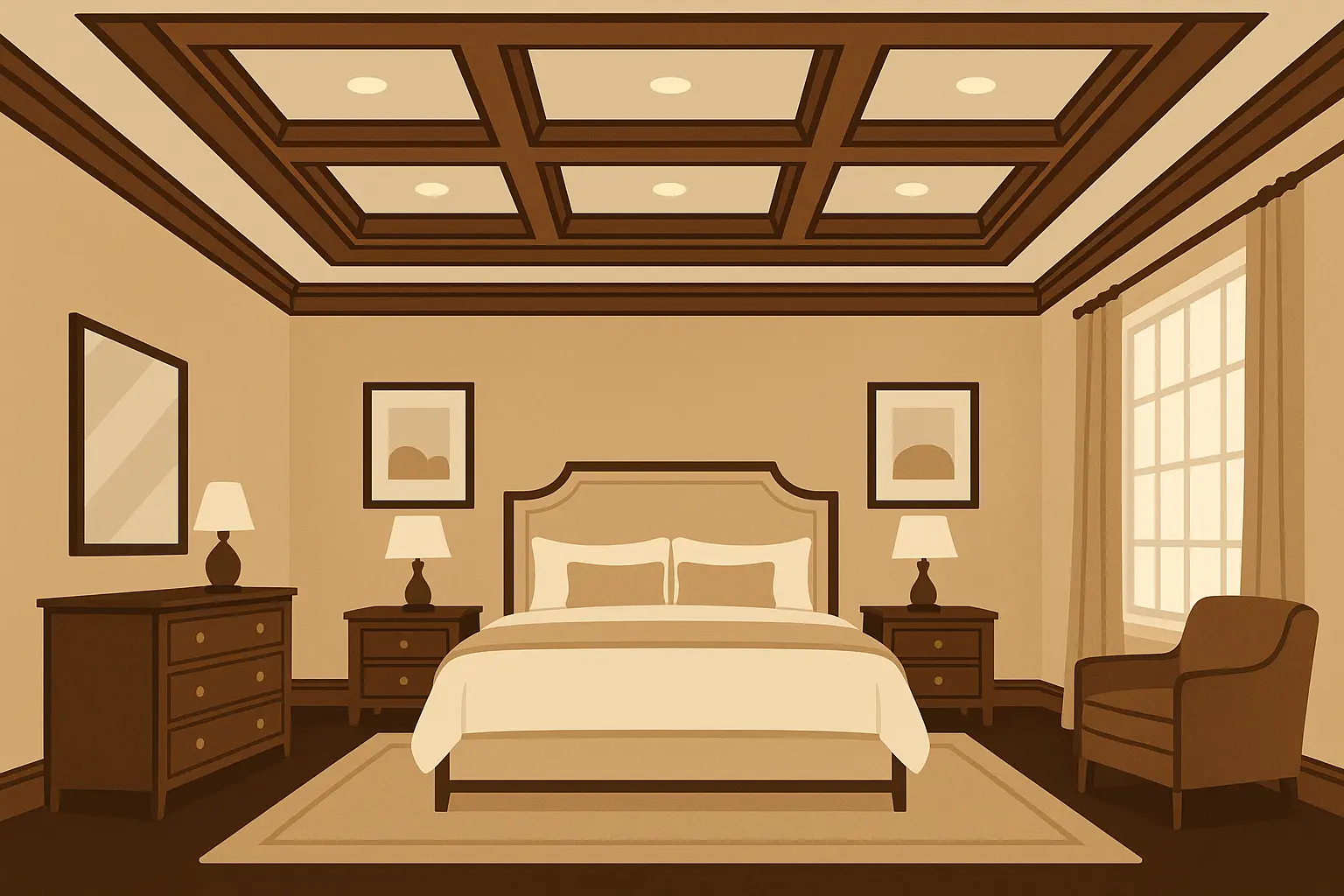 Traditional coffered tray ceiling with wooden beams