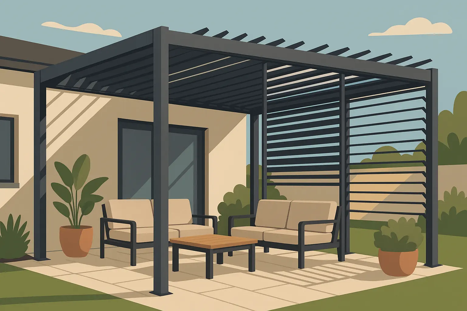Adjustable louvered pergola with rotating slats