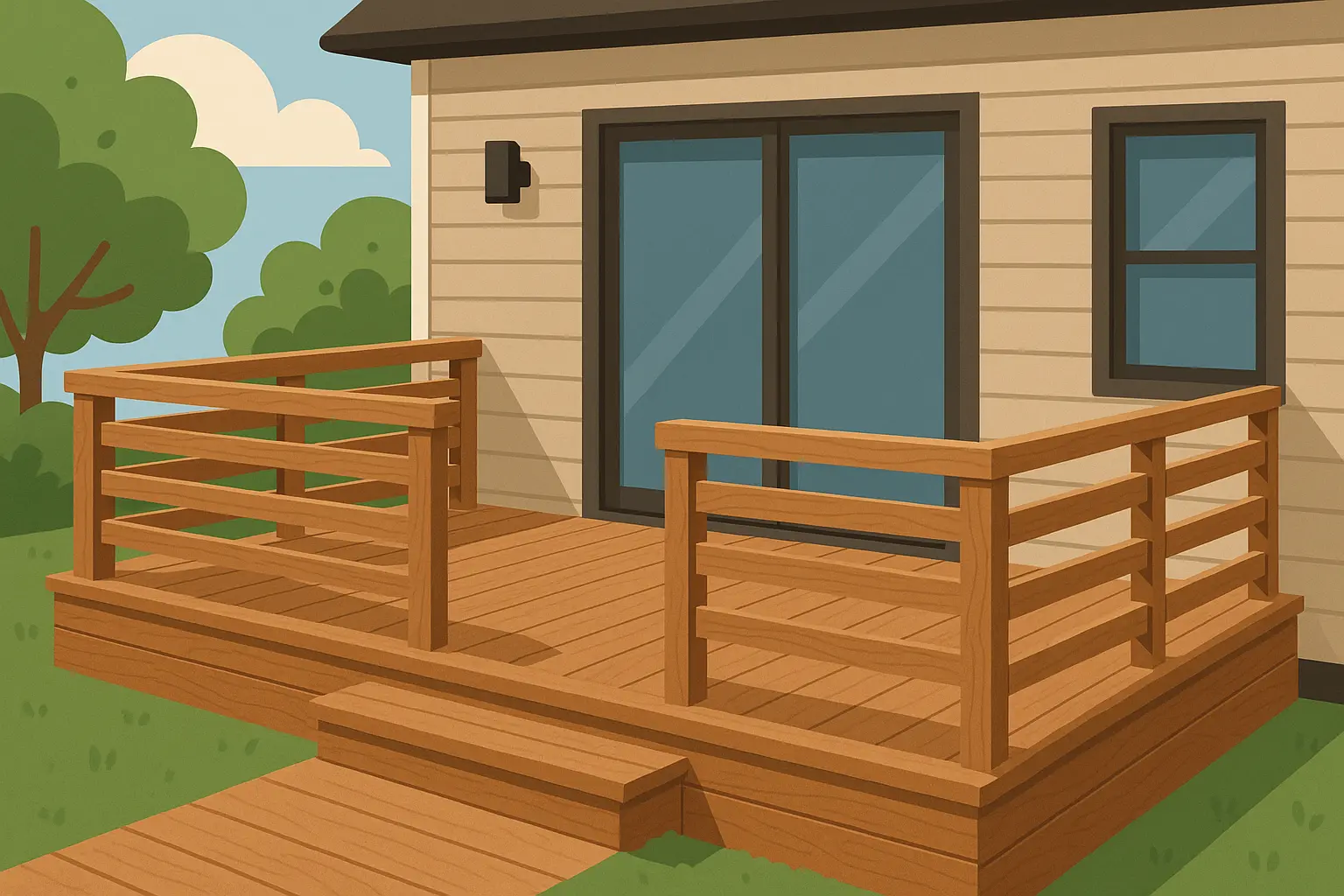 Horizontal wood slat railing design