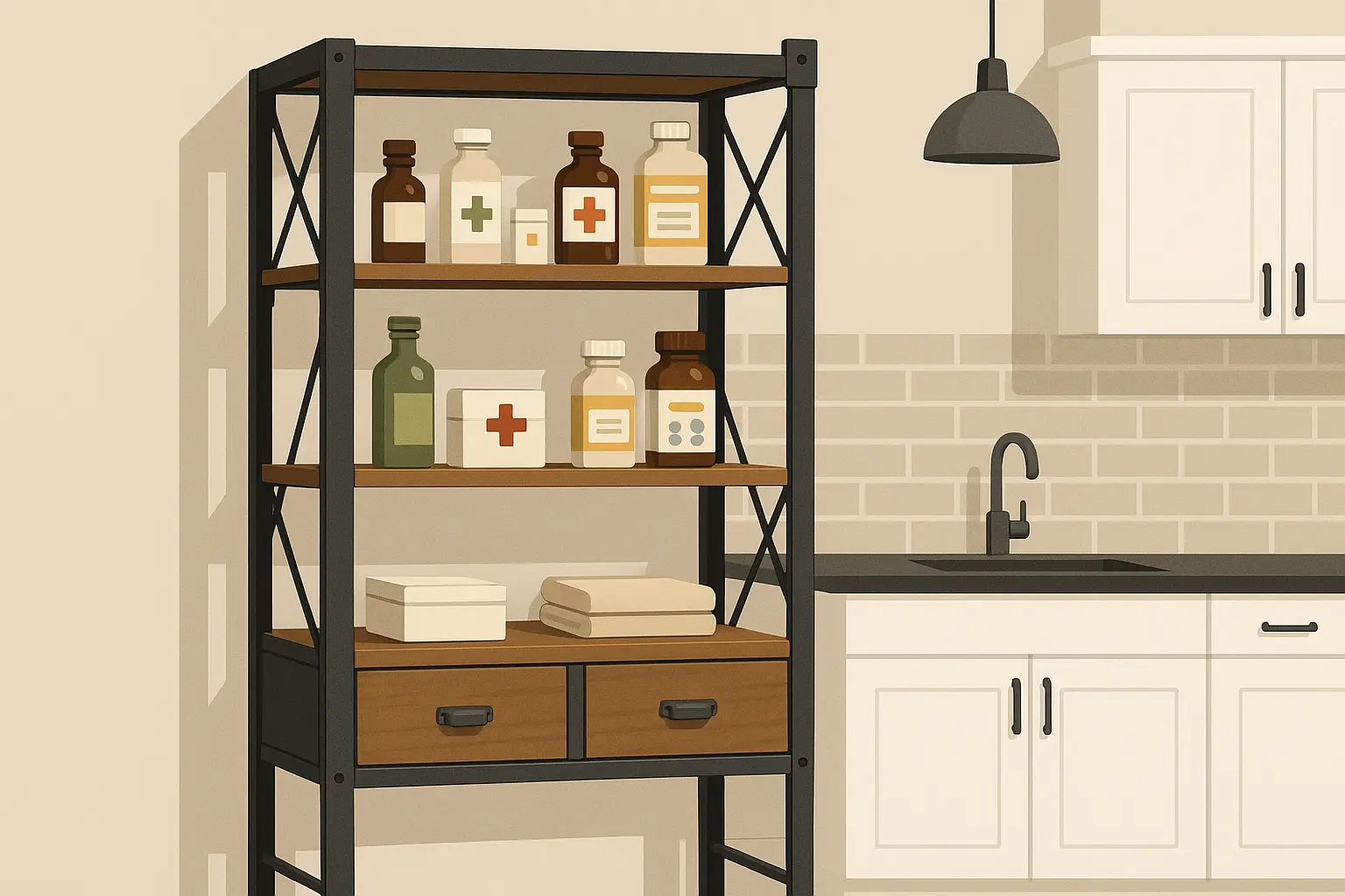 Premium freestanding kitchen pantry cabinet with industrial design