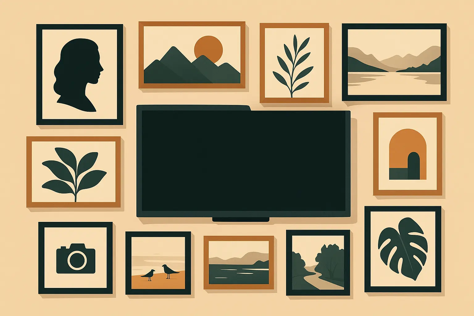 TV integrated into gallery wall with artwork