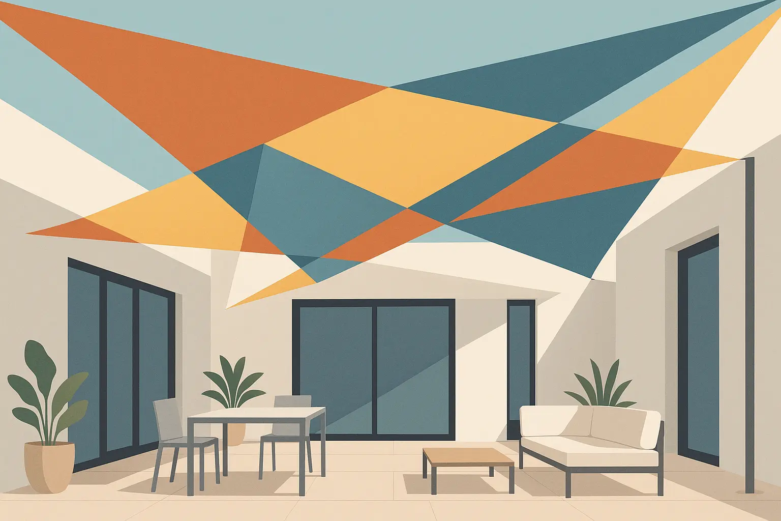 Modern shade sails creating geometric patterns