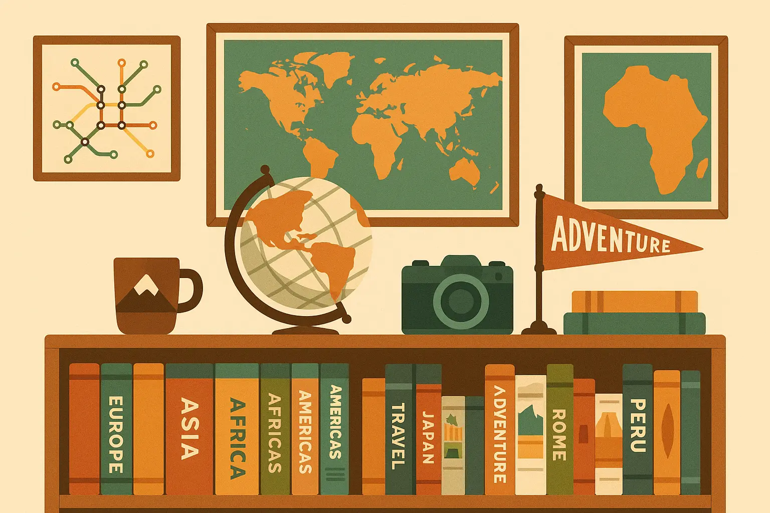 Travel-themed adventure library with maps and globes