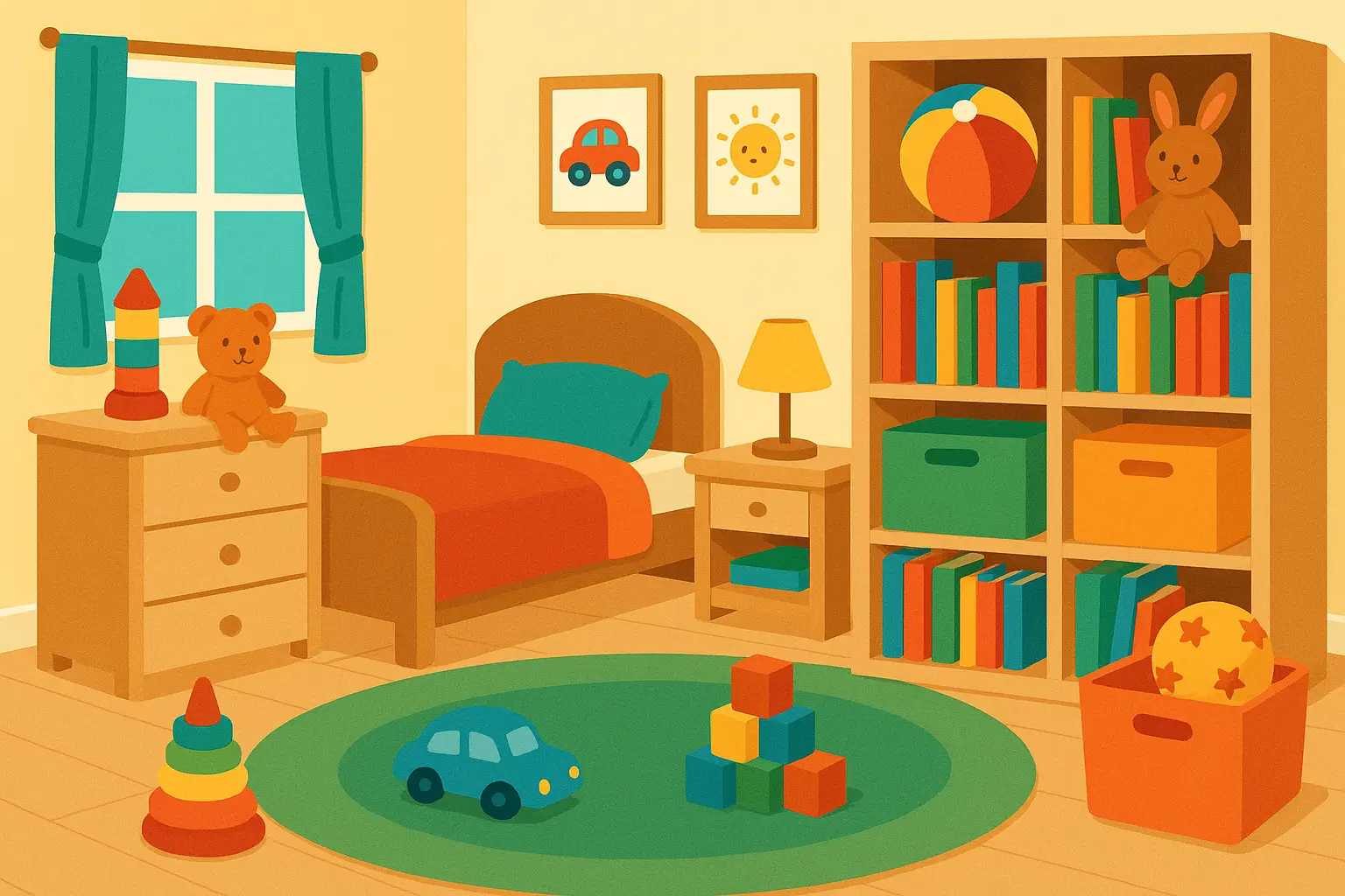 Creative kids room design with colorful storage and play area