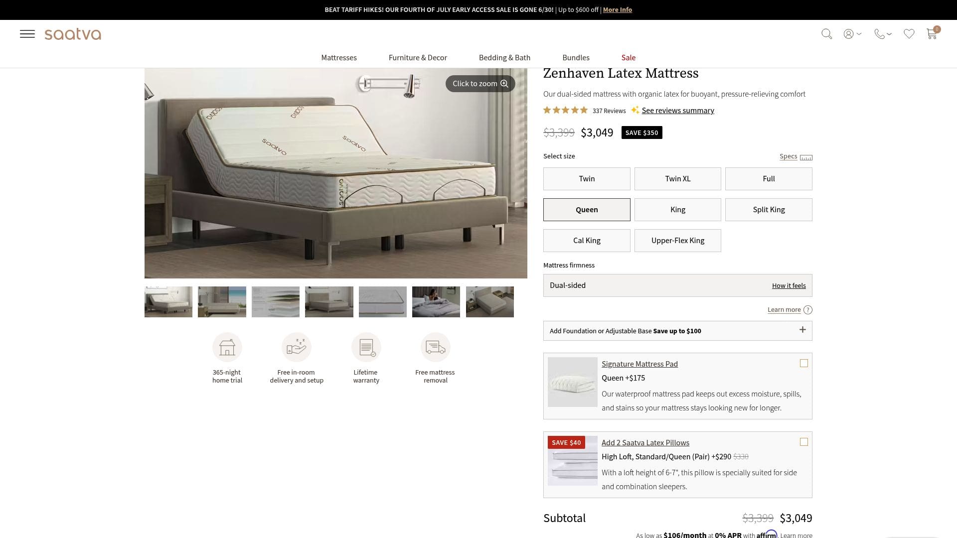 Screenshot of saatva.com/zenhaven