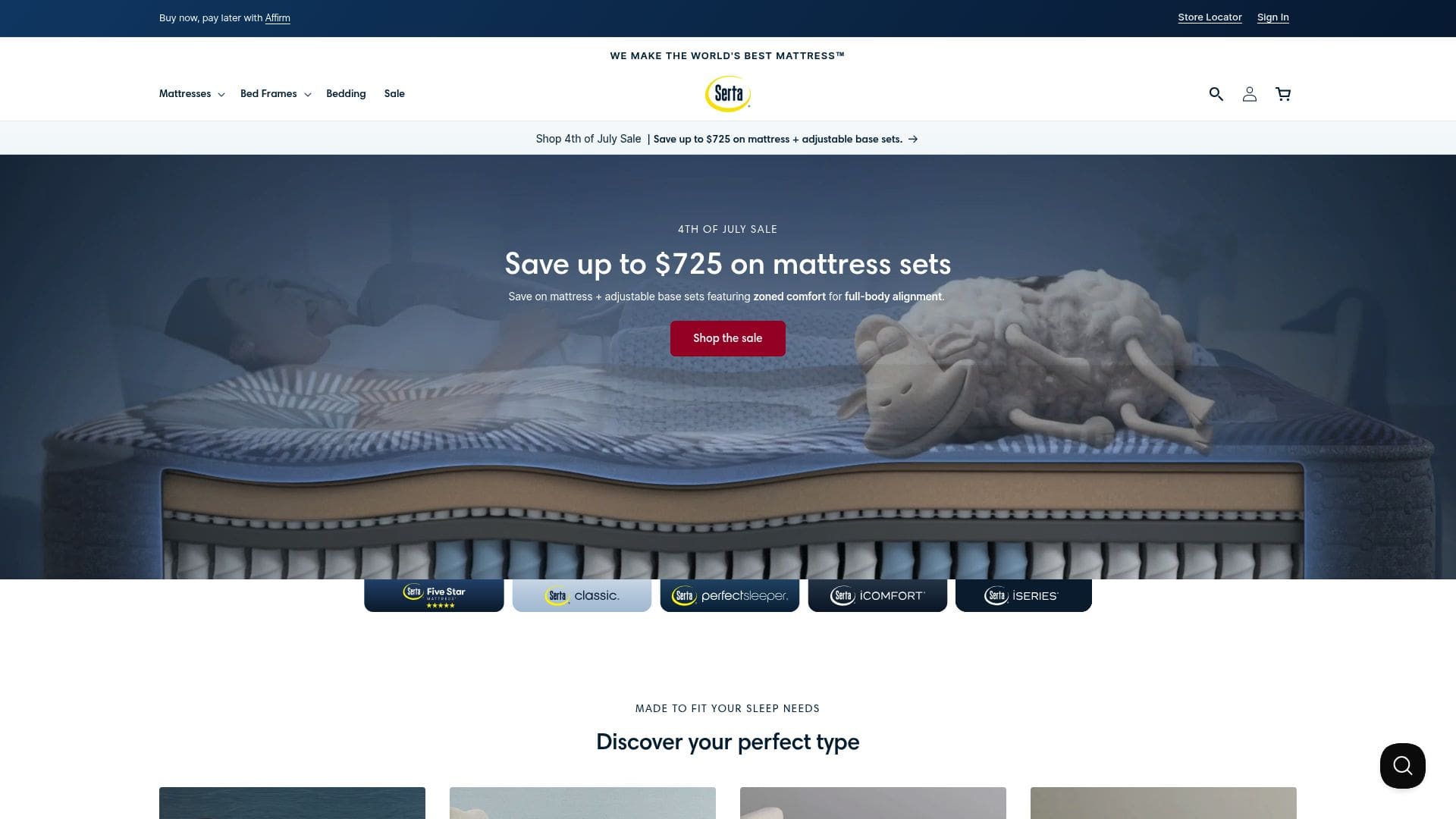 Screenshot of Serta Perfect Sleeper collection page