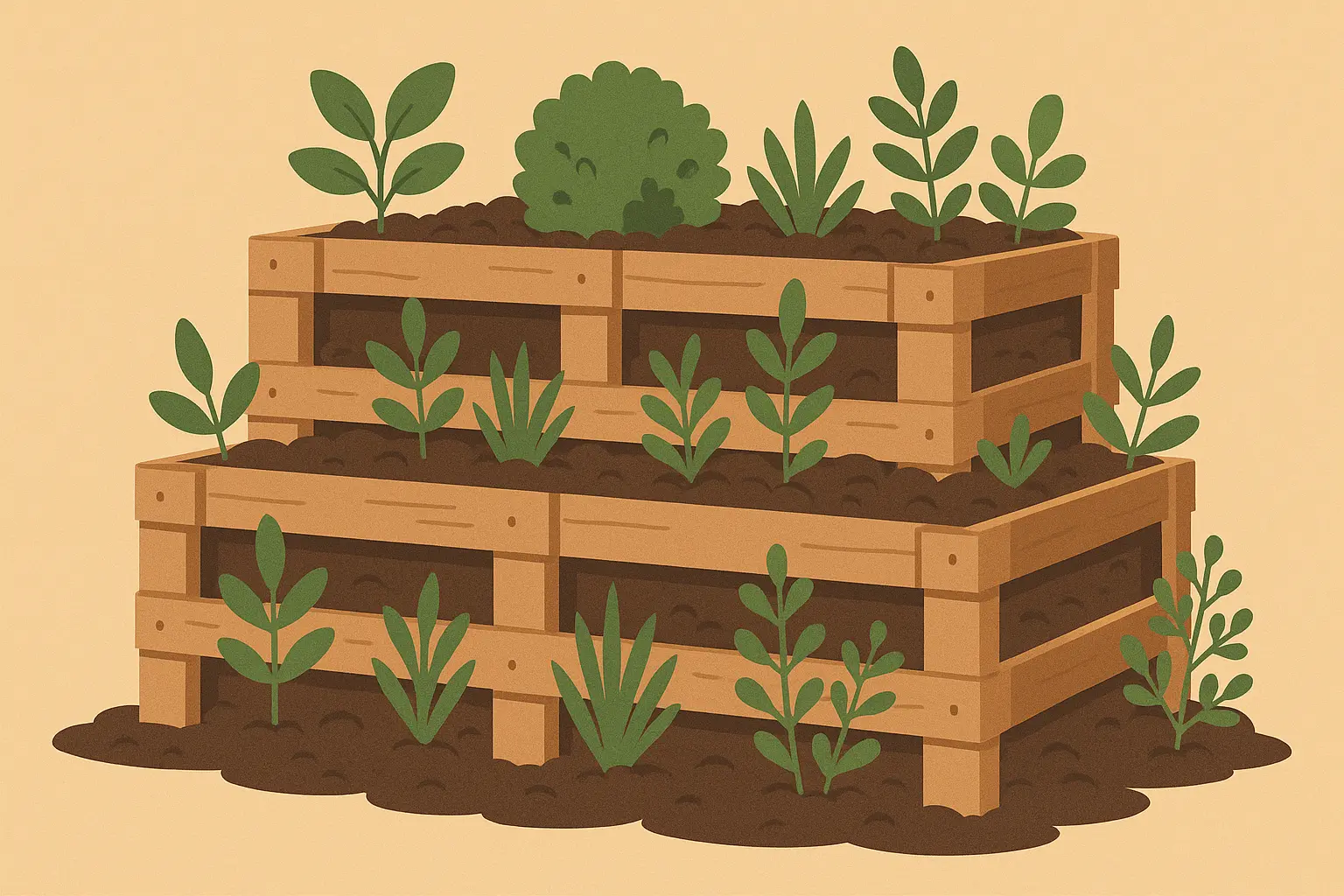 Wooden pallet retaining wall showing stacked construction with soil fill