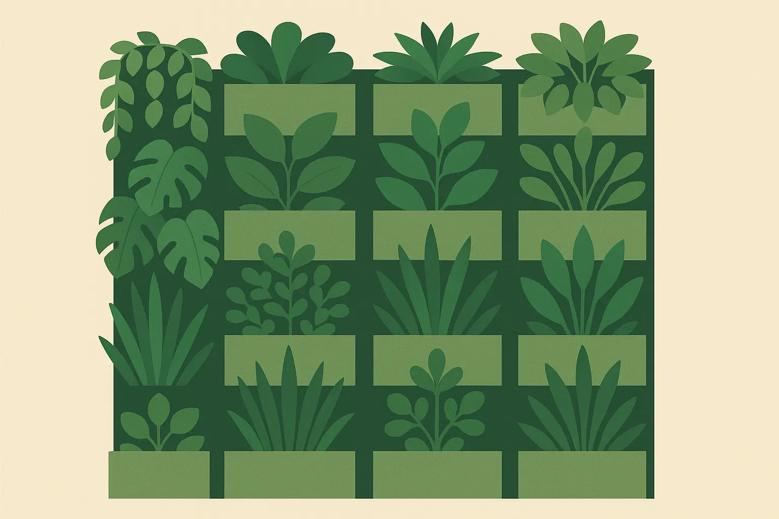 Living wall system with lush green plants