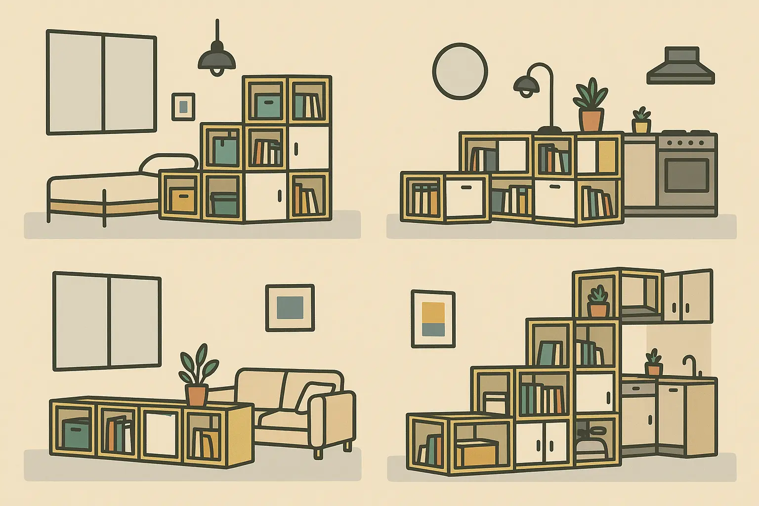 Modular storage systems in studio apartment