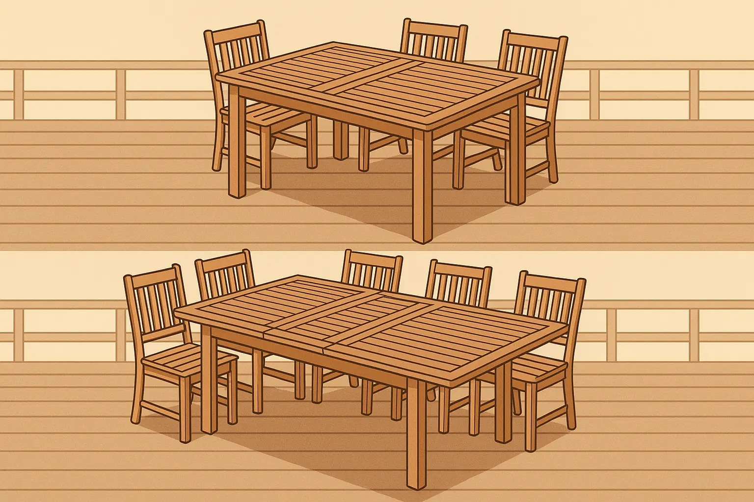 Expandable outdoor dining table setup on deck