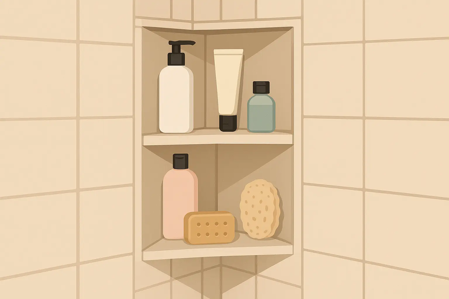 Corner shower nook with multiple shelves