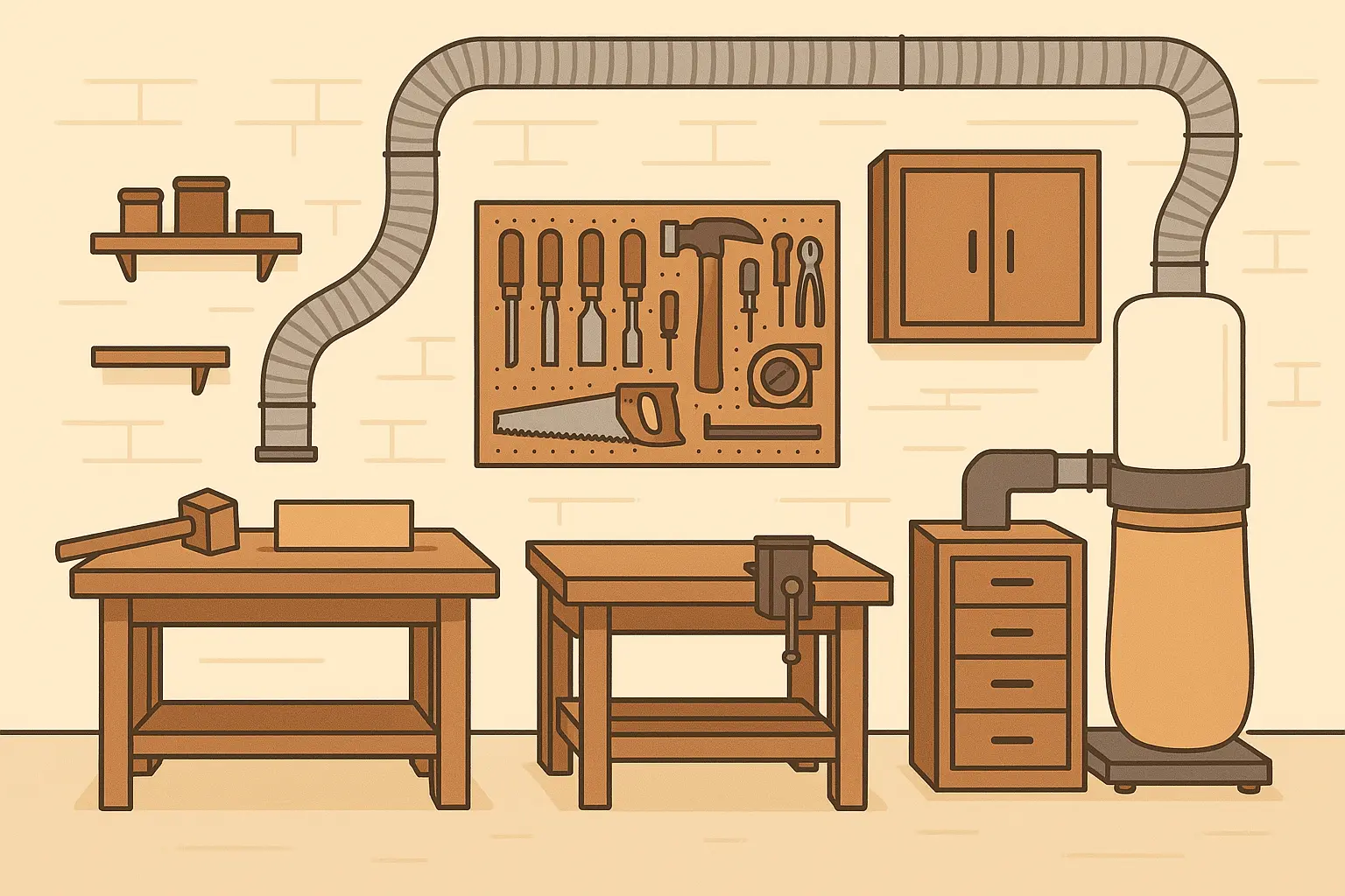 Workshop garage with tools and workbenches