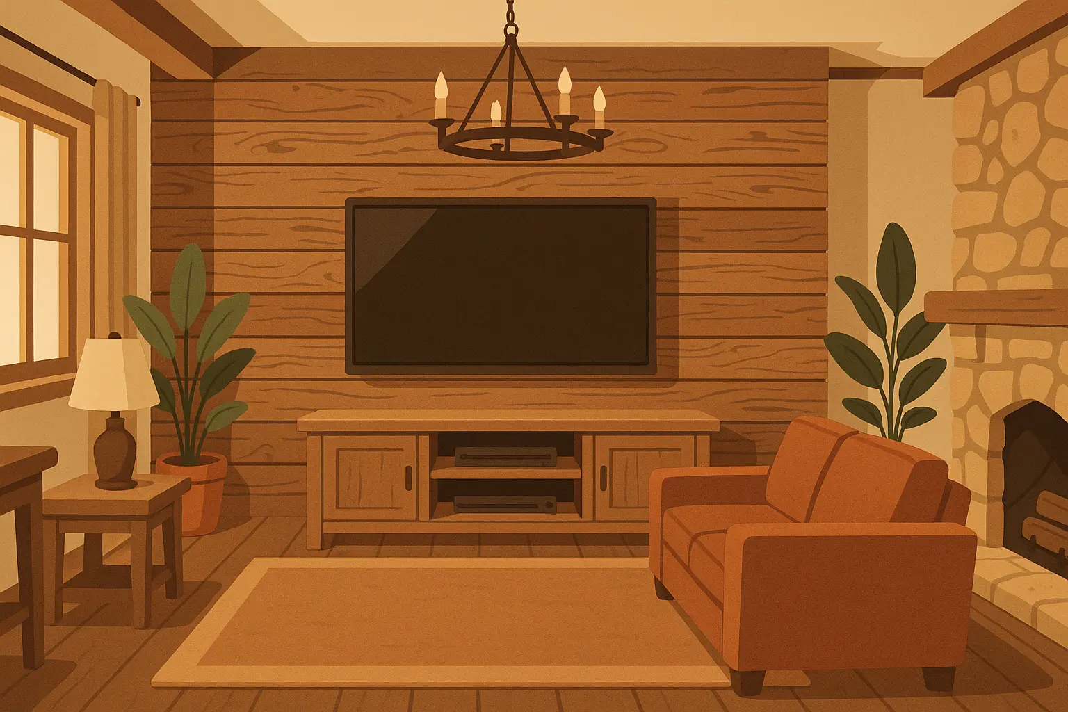 Rustic TV wall with natural wood accent features