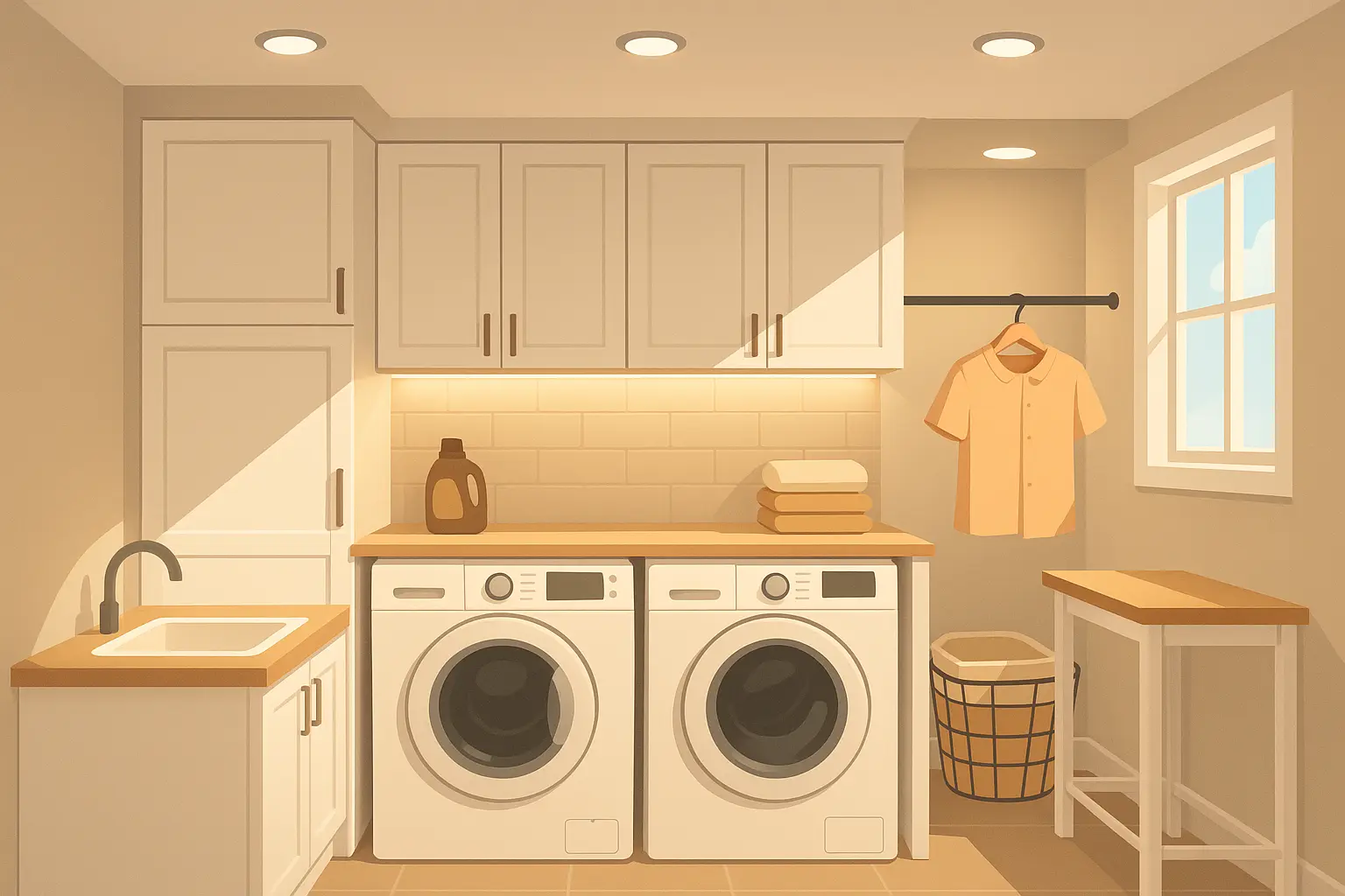 Layered lighting design in modern laundry room