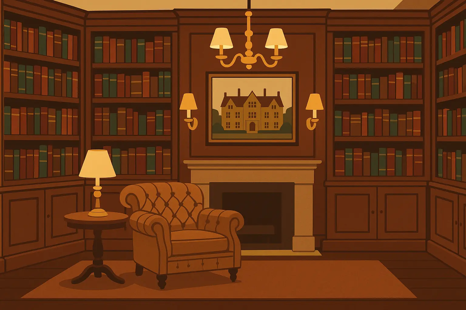 English manor style library with rich wood paneling