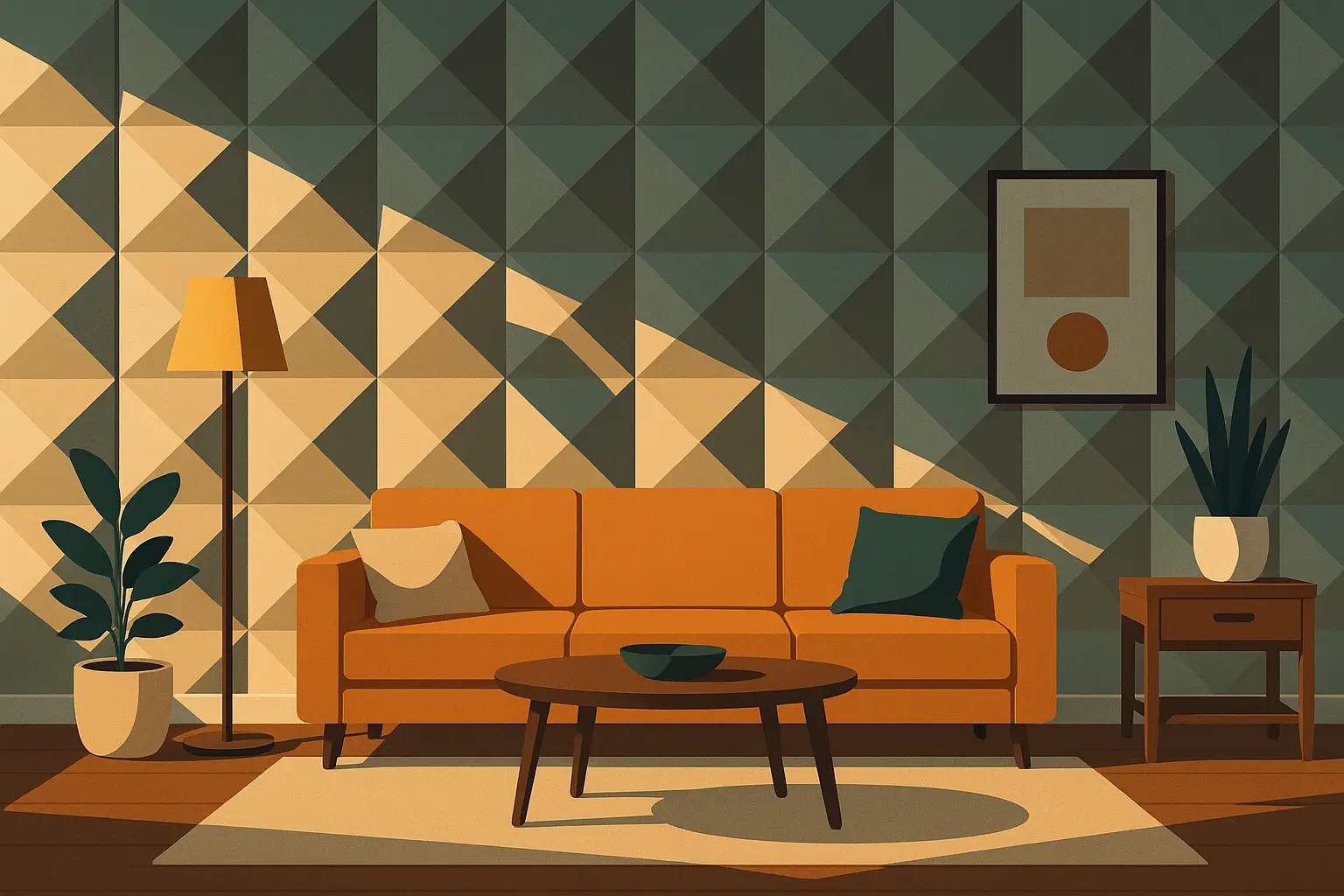 3D wall panels creating dramatic geometric shadows