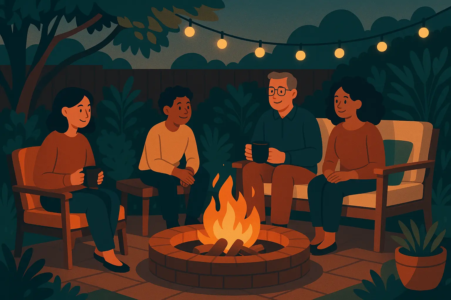 Completed fire pit installation with family gathering