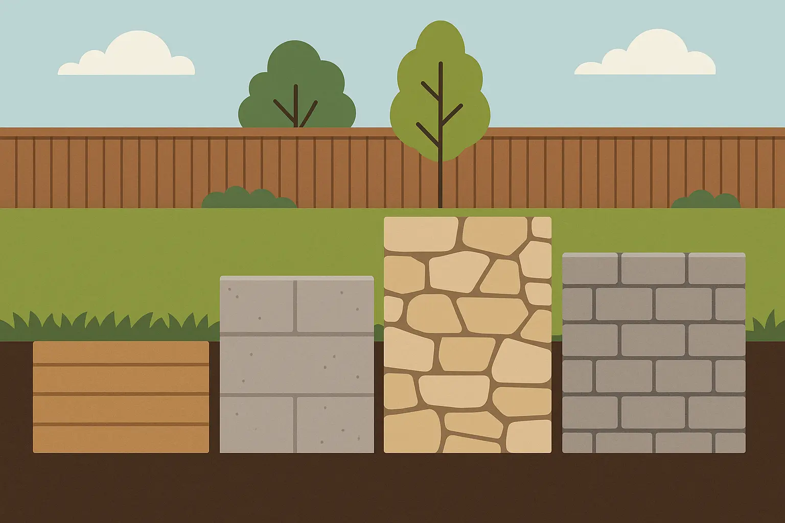 Comparison of different retaining wall materials and designs in landscaped setting