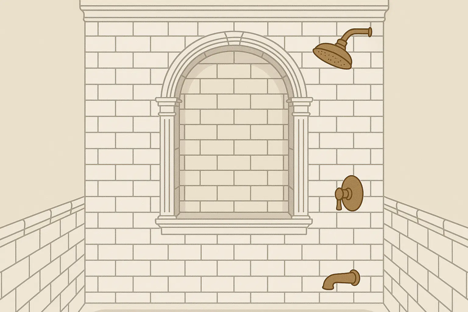 Traditional arched shower niche with decorative trim