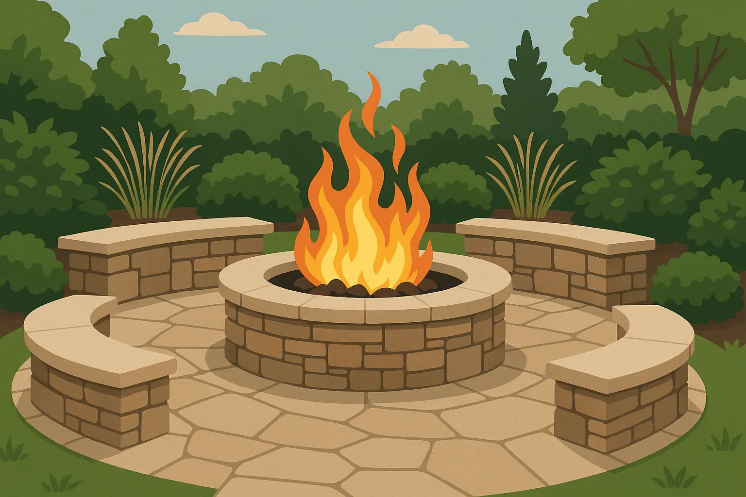 Stone masonry fire pit with seating area