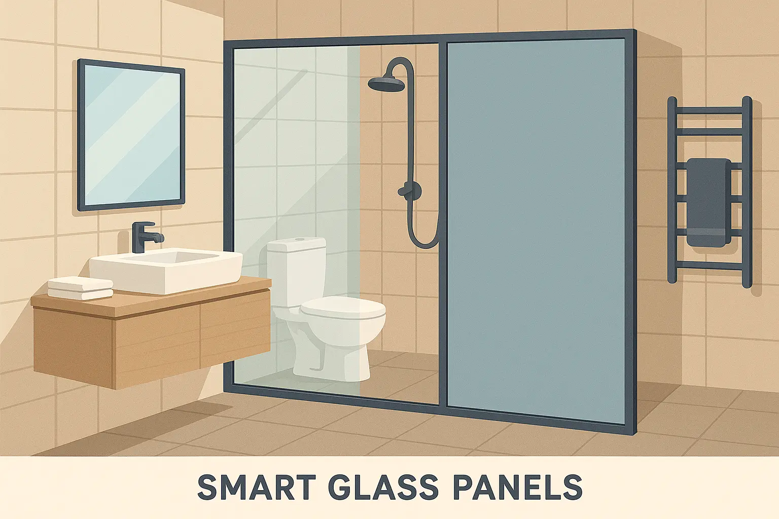 Smart glass privacy system in modern curbless shower