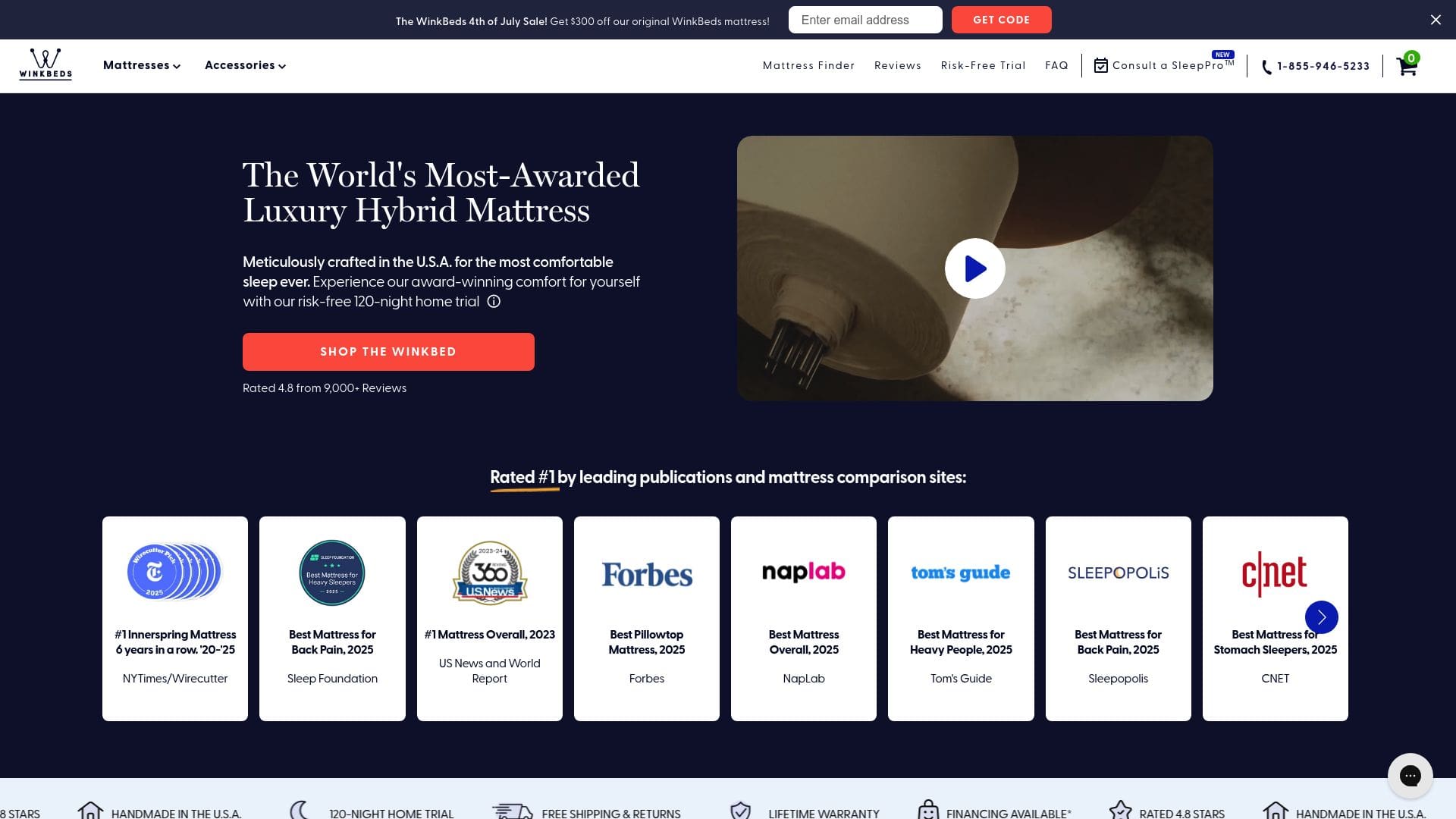 WinkBed website displaying luxury mattress construction and firmness options