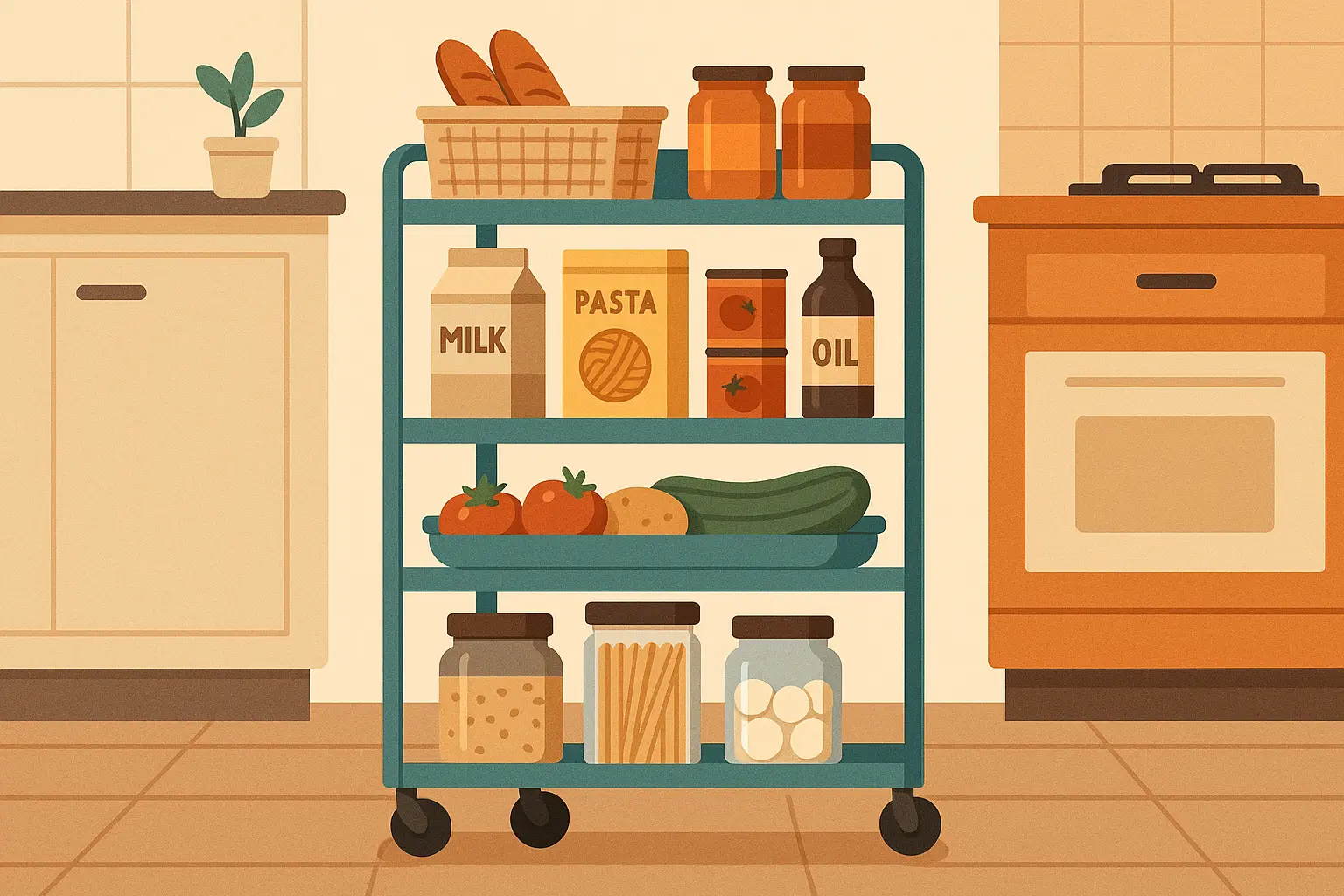 Rolling kitchen pantry cart with mobile storage